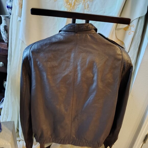 Vintage 1980’s Bomber Collarless Brown Leather Jacket - Picture 3 of 9